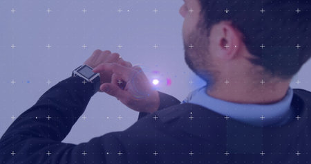 Checking square smartwatch, business professional demonstrating augmented reality at demo space....
