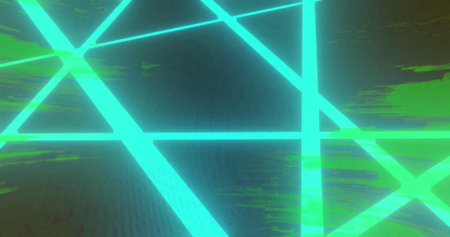 Forming intersecting neon turquoise and green glowing lines in digital screen, with noise texture....