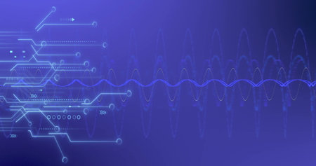 Oscillating digital waveform spanning blue gradient backdrop, with glowing circuit network details....