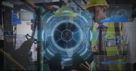 Engineers using holographic interface in plant, with tablet and yellow hard hats and vests....