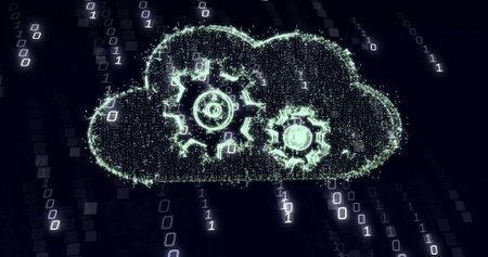 Glowing digital cloud icon streaming binary digits in dark abstract space, with embedded gear icons....