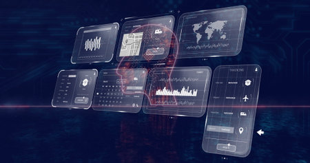 Floating digital panels displaying bar charts, calendar, map, waveform, tracking UI in 3D workspace. Technology, interface, visualization, innovation, data, analytics, futurismの写真素材