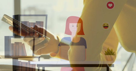 Image showing person using smartphone with emojis at desk in school. Digital, classroom, technology,...