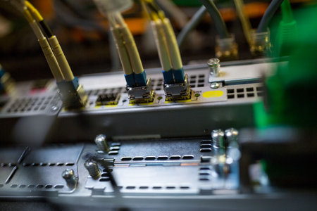 Flat design is showing LC fiber optic cables connecting into network patch panel chassis in rack. Technology, connectivity, data transmission, networking, infrastructure, communication, precisionの写真素材