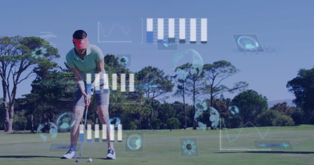 Mature golfer lining up putt on fairway with putter, ball, visor, glove, data overlays, copy space. Athletic, leisure, landscape, digital, analytics, outdoor, sportyの写真素材