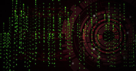 Displaying virtual system showing cascading green binary code in cyberspace, with red HUD elements....