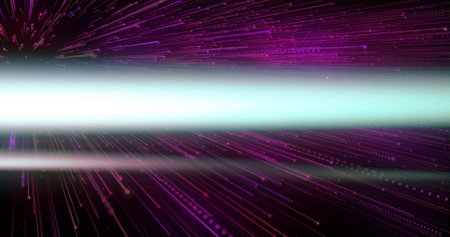 Slicing green beam racing through digital tunnel, with magenta and purple streaks and dotted lights....