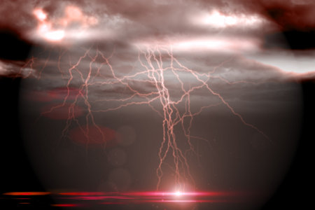 Digitally generated stormy dark sky with lightning boltsの写真素材