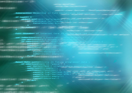 Featuring flat design faded JS code glowing over teal-cyan gradient with grid, streaks, lens flare....
