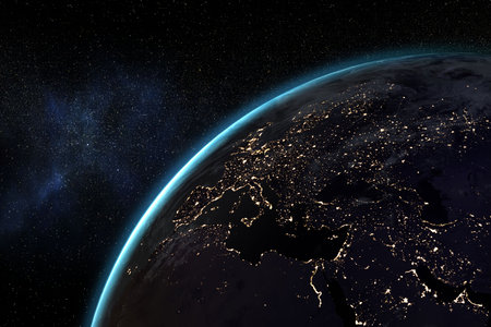 Digitally generated image of illuminated planet in spaceの写真素材
