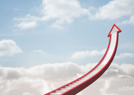 Red stairs arrow pointing up against skyの写真素材