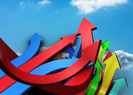 Colourful arrows pointing against skyの写真素材