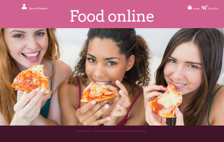 Three friends are eating pepperoni pizza on flat design couch under pink online banner with icons. Friends, casual, vibrant, lifestyle, social, relaxation, cheerfulの写真素材