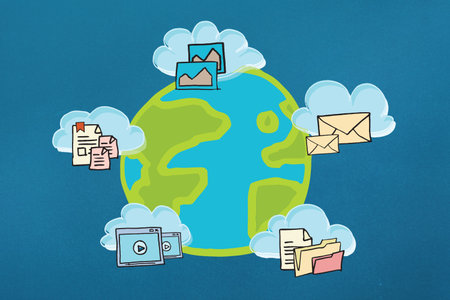 Flat digital illustration is showing Earth globe on blue backdrop surrounded by cloud file icons. Global, connectivity, technology, data, digital, network, communicationの写真素材