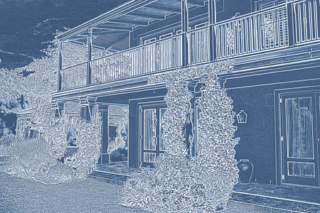 Pretty house with balcony, with a blue and white filterの写真素材