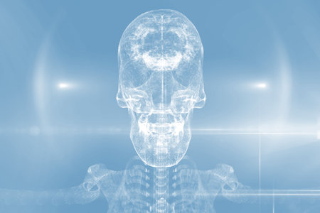 Digitally composite image of human skull in blue lightsの写真素材
