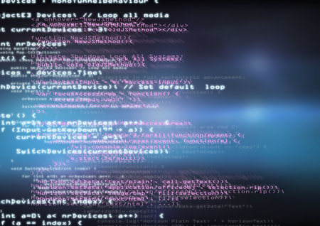 Displaying JavaScript C# HTML code overlaying blurred blue gradient, light flares and bokeh circles. Technology, coding, software development, digital art, futuristic, interface, innovationの写真素材