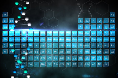 Digitally generated blue periodic tablet with DNA strandの写真素材