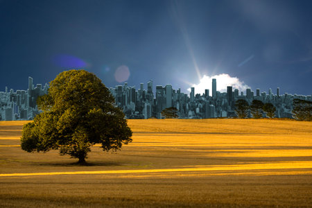 Digital iamge of tree on field with cityscape against skyの写真素材