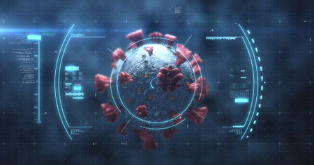 Scope scanning over Covid-19 cell against blue backgroundの写真素材