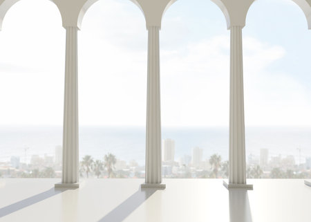 Digitally generated room with pillars overlooking city and oceanの写真素材