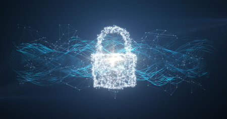 Digitally generated image of glowing padlock and connecting lines against blue backgroundの写真素材