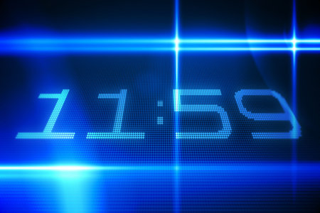 flat vector glowing blue LED grid displaying 11:59 with crossing light streaks creating lens flares....