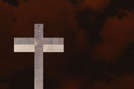 Weathered wooden cross is standing against red brown cloudscape, in flat design illustration. Nostalgia, spirituality, resilience, rustic, moody, dramatic, symbolismの写真素材