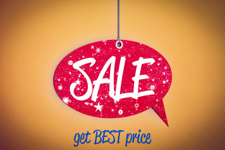 Flat design is featuring red SALE bubble on chain against orange gradient with tagline, copy space. Promotional, marketing, vector, advertising, festive, vibrant, graphicの写真素材