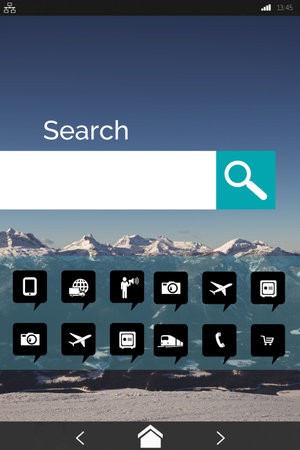 Digitally composite image of search bar with various computer icons on device screenの写真素材