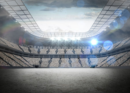 Flat design stadium interior is showing stands with roof trusses, bright floodlights, lens flare. Stadium, arena, crowd, illumination, architecture, spectators, sportsの写真素材