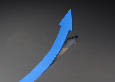 Blue arrow pointing up from grey surfaceの写真素材