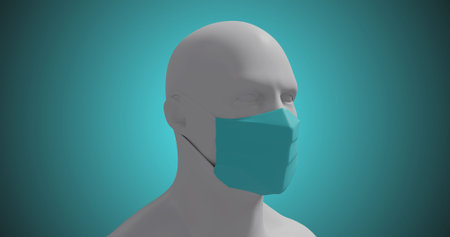 Human head model wearing face mask against blue backgroundの写真素材