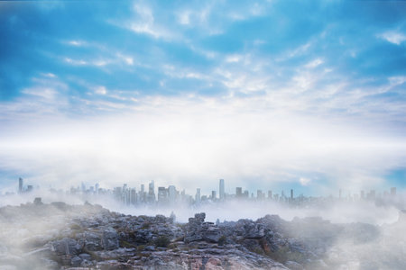 Rocky plateau is emerging through mist in flat illustration showing glowing clouds and skyline. Landscape, urban, mountain, cloudscape, contemporary, adventure, ambientの写真素材