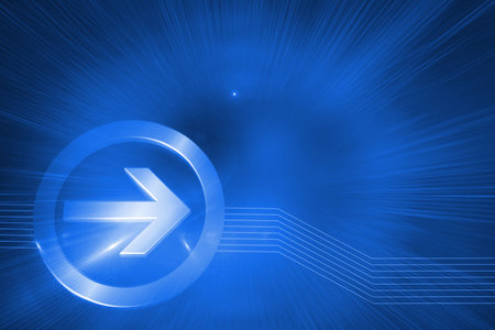 Arrow in circle pointing to the right on blue backgroundの写真素材