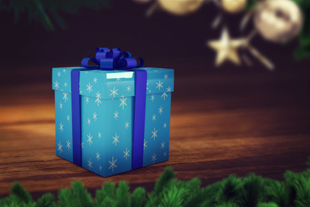 Flat design showing blue snowflake gift box on table, framing boughs and hanging baubles with star....