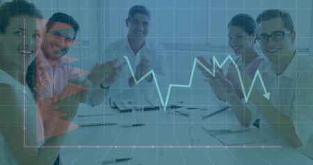 Colleagues clapping in conference room, with notebooks, laptop and documents, digital grid arrow. Business, collaboration, teamwork, innovation, digital, analytics, professionalの写真素材