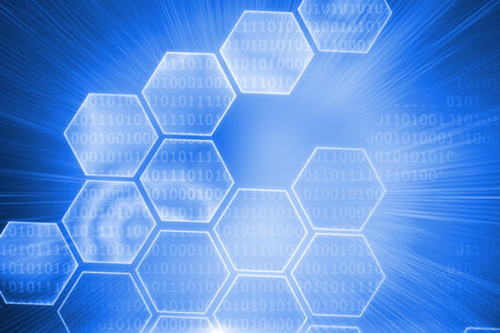 Digitally generated shiny hexagons on blue background