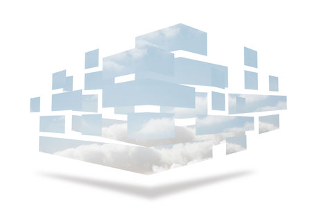 Abstract 3D prism blocks are floating in minimal white void showing sky and cloud textures. Geometric, surreal, minimalist, futuristic, floating, architecture, conceptualの写真素材