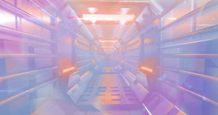 Leading futuristic metallic corridor through spaceship interior, with orange light panels. Futuristic, sci-fi, metallic, corridor, industrial, high-tech, illuminatedの写真素材