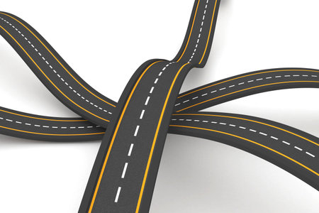 Twisting curved roads showing yellow edges and white dashes in flat design, with white background. Abstract, infrastructure, transportation, network, routing, connectivity, futuristicの写真素材