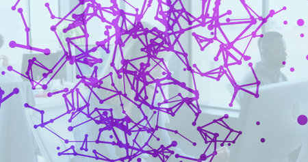 Purple network connections image over people working in modern office. Technology, innovation,...