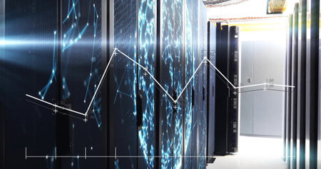 Revealing server racks tracing data flows in data center corridor, with cables and network overlay....