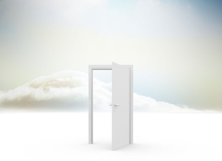 Solitary white doorframe is standing open revealing cloud horizon over white plane in flat design. Minimalist, surreal, abstract, tranquility, serenity, transition, opennessの写真素材
