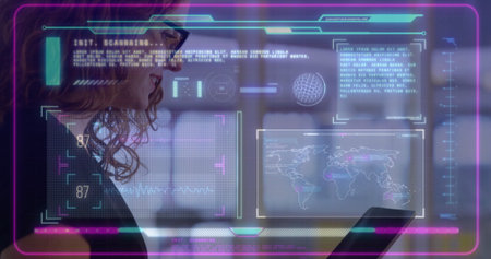 Using tablet with image overlay, person viewing data and world map. Technology, digital, analytics,...