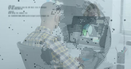 Man working at computer with digital globe and code overlay image. Technology, coding, programming, innovation, data, futuristicの写真素材