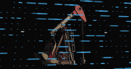 Showing oil pump jack with red horsehead, beam, ladder against void, scanning blue data bars. Industrial, technology, futuristic, machinery, digital, abstract, innovationの写真素材