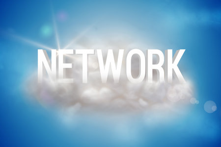 Network on a floating cloud on blue backgroundの写真素材