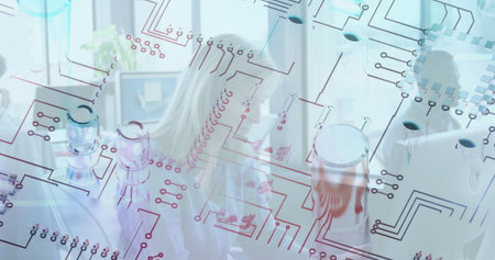 Collaborating team in business attire discussing circuit design on glass board in office. Innovation, teamwork, brainstorming, technology, professional, creative, modernの写真素材