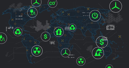 Displaying world map on dark dashboard, showcasing green circular energy and environment icons....
